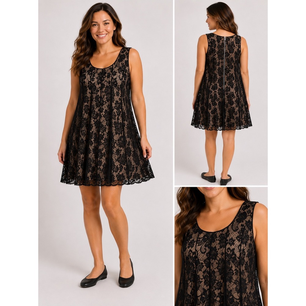 Black Floral Lace Sleeveless A-Line Dress Plus Size 18 Woman Nude Lining